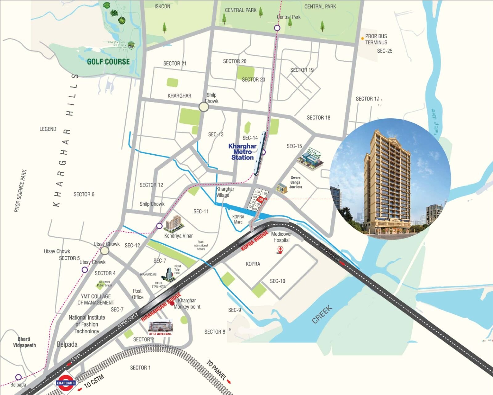 Map of Sector 11 Kharghar with Estrella, the metro station, Sion-Panvel highway and Central Park marked